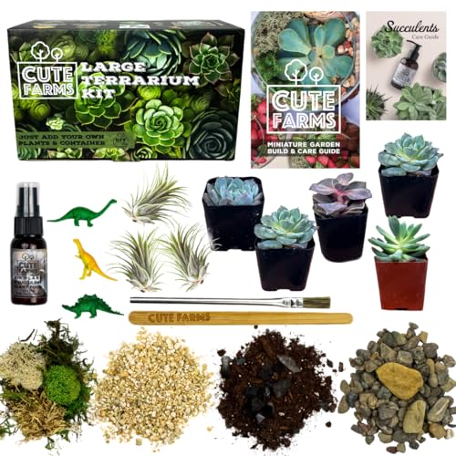 Cute Farms Terrarium Starter Kit | Moss, Vermiculite, Soil, Pebbles, Plant Food, & Finishing Tools (Large + 8 Live Plants) - size: Large Kit + 8 Live Plants
