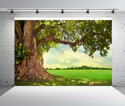 5x3ft Huge Tree Backdrop Rural Field Scenery Photo Props | Spring Summer Natural Countryside Outdoor Fence Decor Picnic Background Wedding Art Portraits Photo, Polyester - size: 5x3ft