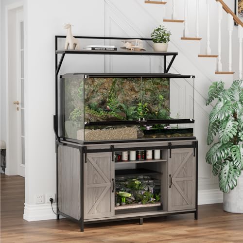 VOWNER 48"x24" Reptile Tank Stand with Power Outlet & Storage Cabinet, Grey | Fits up to 120 Gallon Bearded Dragon Tank, Sliding Barn Doors, Heavy Duty Aquarium Stand, Reptile Turtle Terrarium Stand - color: Grey