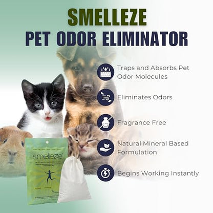 SMELLEZE Pet Odor Eliminator Pouch - Dogs, Cats, Birds - Covers 150 sqft | Works for Dog, Cat, Bird, Rodent & Reptile Stench in 150 Sq. Ft.