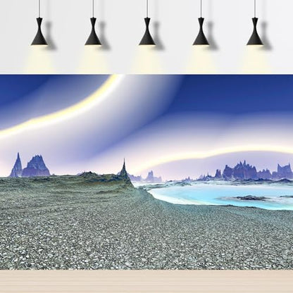 Fantasy Alien Planet Aquarium Background Outer Space Mountain Lake Sandbeach Fish Tank Background Abstract Polar Lights Reptile Tank Background Fantasy Alien Lake Rock Terrarium Backgrounds 60x24in - color: Grey_Blue, size: 60(W)x24(H)inches/ 150(W)*60cm(