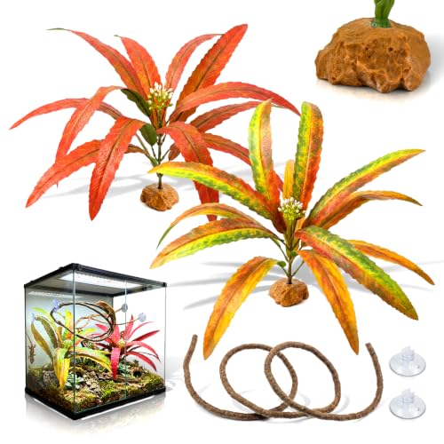 3PC Reptile Plants Terrarium Decor Kit - Artificial Leaves with Hanging Vine, Resin Stone Base – Rainforest Tank Decoration & Habitat Setup for Chameleon Ball Python Bearded Dragon Snake - color: Calathea Ornata