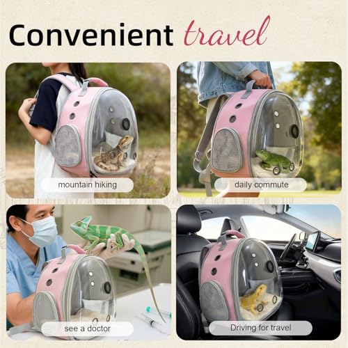 Bearded Dragon Backpack Carrier w/Reptile Thermometer Hygrometer, Clear Bubble Window Astronaut Space Capsule Travel Bag for Leopard Gecko, Ball Python, Lizard, Hermit Crab, Spider, Guinea Pig - color: Pink