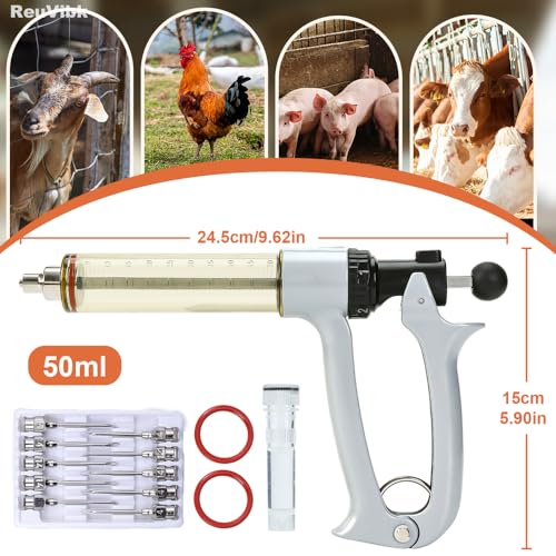 50ml Semi-Auto Repeating Livestock Syringe Gun, 5 Dose Settings | Ergonomic Grip, Clear Barrel & Luer Lock, Vet Injector for Cattle, Horses, Goats, Sheep & Pigs - color: Silver Gray50ML