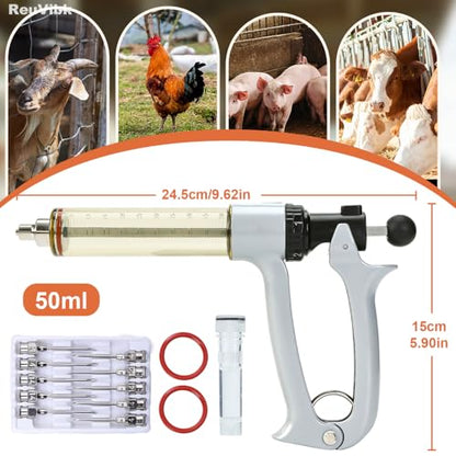 50ml Semi-Auto Repeating Livestock Syringe Gun, 5 Dose Settings | Ergonomic Grip, Clear Barrel & Luer Lock, Vet Injector for Cattle, Horses, Goats, Sheep & Pigs - color: Silver Gray50ML