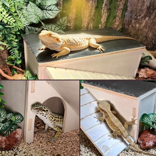 Large Bearded Dragon Basking Platform,Wooden Reptile Hide Cave with Slate Rock Climbing Ramp Tank Accessories for Leopard Geckos,Lizard,Snake,Tortoise (Medium) - size: M:9.1×7.1×7.8"