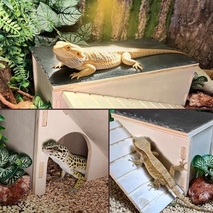 Large Bearded Dragon Basking Platform,Wooden Reptile Hide Cave with Slate Rock Climbing Ramp Tank Accessories for Leopard Geckos,Lizard,Snake,Tortoise (Medium) - size: M:9.1×7.1×7.8"