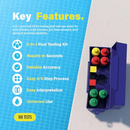 Lupo 6-in-1 Pool Test Kit | Pool Testing Kit for Residential Swimming Pools & Spas for Testing Total Chlorine, Total Bromine, pH, Base Demand, Acid Demand & Total Alkalinity Quick & Accurate Testing - size: 6-in-1 Complete Test Kit