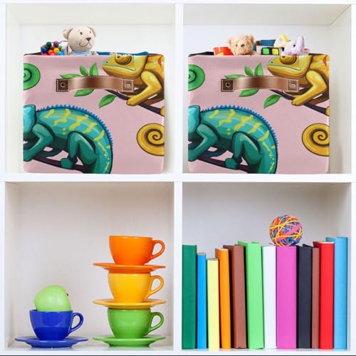 Tropical Reptiles Pattern Storage Bins Collapsible Storage Basket with Metal Frame, Fabric Shelves Bins Closet Baskets with Handles, 2-Pack - size: 2 Pack