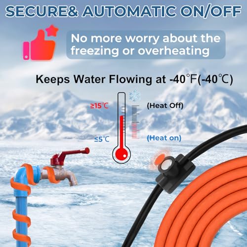 12FT Heat Tape for Water Pipes Freeze Protection IP65 Waterproof 8W/FT 110V BDDFOTO Water Pipe Heat Cable With Thermostat Self-Regulating Pipe Heater for House Garden/RV Camper - style: 12 FT