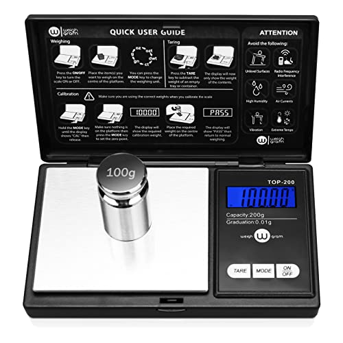 Digital Pocket Gram Scale 200g x 0.01g High Precision with 100g Calibration | Mini Scale Weighs Kitchen Small Food, Jewelry, Ounces, Grains, LCD Display, Tare Function With 100g Calibration Weight - size: 200g / 0.01g (Model: TOP-100)
