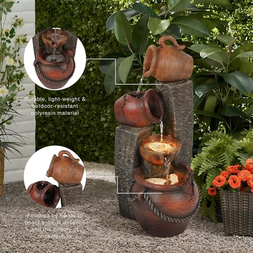 LuxenHome 32" Outdoor Water Fountain, Cascading Resin Garden Fountains | Farmhouse Outdoor Fountains with LED Lights, Built-in Pump, Indoor and Outdoor Use Water Fountain Outdoor
