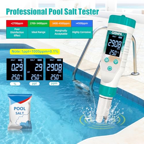 Digital Pool Water Tester, Pool pH Tester, Chlorine Tester & Pool Salt Tester 7 in 1 FAC Digital Salinity Tester for Saltwater Aquarium Sodium Chloride Swimming Pools Hot Tubs Spas - color: Green