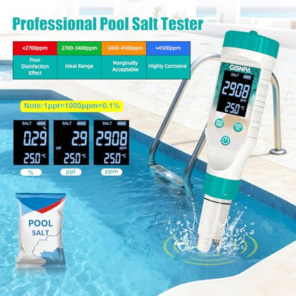 Digital Pool Water Tester, Pool pH Tester, Chlorine Tester & Pool Salt Tester 7 in 1 FAC Digital Salinity Tester for Saltwater Aquarium Sodium Chloride Swimming Pools Hot Tubs Spas - color: Green