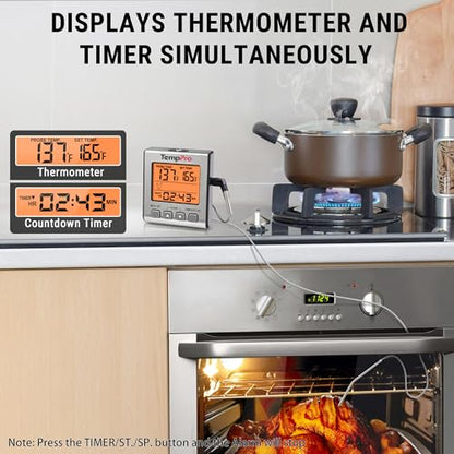 TempPro TempTrack Digital Meat Thermometer for Cooking and Grilling | BBQ Food Thermometer with Backlight and Kitchen Timer, Grill Temperature Probe Thermometer for Smoker, Oven, Baking, Oil - color: Light Silver