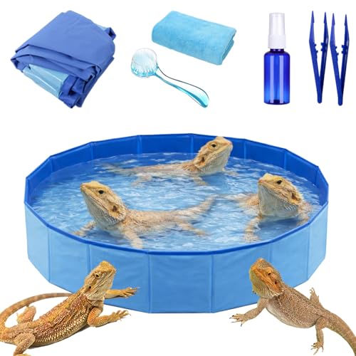 6Pcs Bearded Dragon Pool – Foldable Reptile Bathtub & Towel (Large or Medium Size), Bath Brush, Spray Bottle & Plastic Tweezers for Bearded Dragons, Bearded Dragon Bath Accessories (Medium) - size: Medium