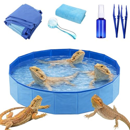6Pcs Bearded Dragon Pool – Foldable Reptile Bathtub & Towel (Large or Medium Size), Bath Brush, Spray Bottle & Plastic Tweezers for Bearded Dragons, Bearded Dragon Bath Accessories (Medium) - size: Medium