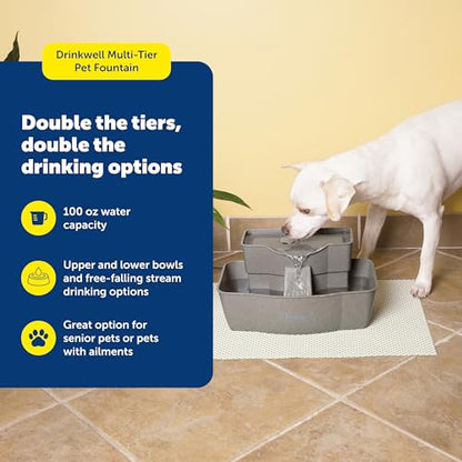 PetSafe Drinkwell Multi-Tier Pet Fountain, Cats & Dogs, Large | 100 oz Capacity, 2 Drinking Heights, Great for Senior/Arthritic Pets, Top-Rack Dishwasher Safe - size: 100oz Capacity
