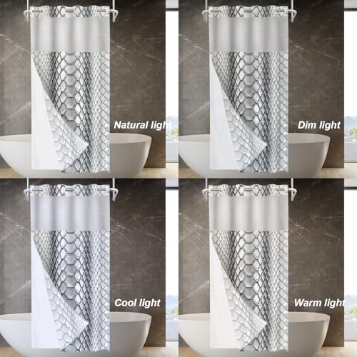 Gray Snake Scale No Hooks Shower Curtain with Snap in Liner Set, Glossy Hexagonal Pattern Tub Curtainn Mesh Top Window & Magnetic Hem Waterproof 35.5X74 Inch - color: Gray Snake Scale 1 Gray03, size: 35.4"W x 74"L (Pack of 1)