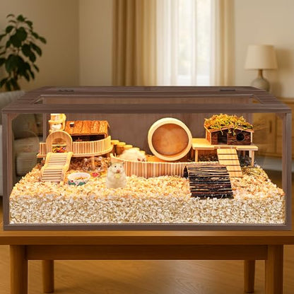 PROLEE Hamster Cage with Chewproof Wood Top, Guinea Pig Cages, Hamster Habitat with Clear Acrylic Sheets Solid Built, Small Animal Cage (Walnut, 32X15.5X15.5 inch) - color: Walnut, size: 32.0"L x 15.5"W x 15.5"H
