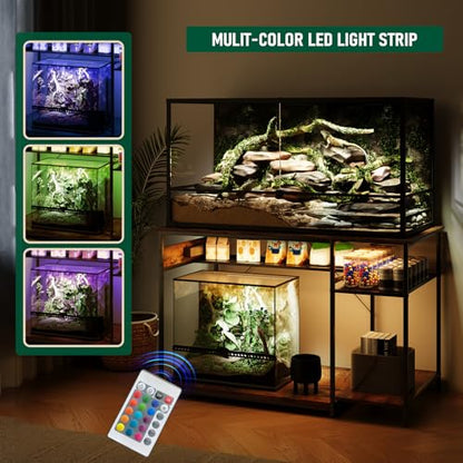 Reptile Tank Stand with Power Outlets，48" X 24" Tabletop Fits up to 120 Gallon Bearded Dragon Enclosure Stand，Double Snake Terrarium Table with Light - color: Rustic Brown