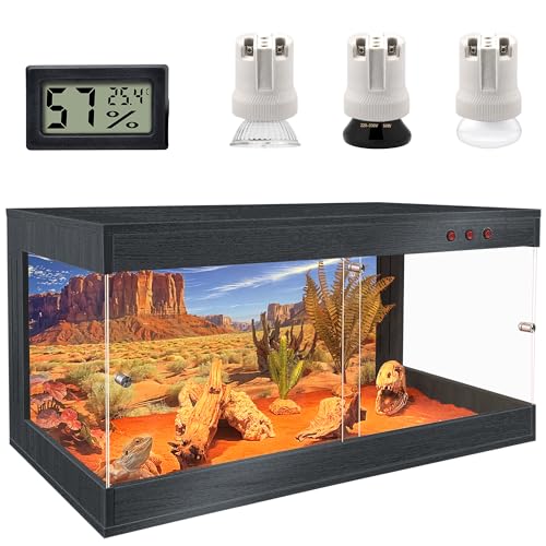ROYXEN Reptile Tank, 64 Gallons Reptile Enclosure with Lockable Design, Tempered Glass Bearded Dragon Tank for Lizard Habitat, Soild Wood Built-in Sockets (Black, 40"x20"x19.5") - color: Black, size: 40"x20"x19.5"