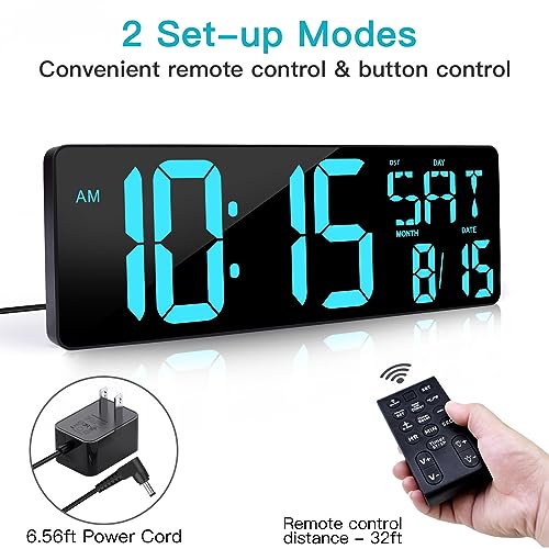 XREXS 17.2 Inch Large Digital Wall Clock with Remote Control | LED Large Display Count Up & Down Timer, Adjustable Brightness Alarm Clock with Day/Date/Temperature for Home, Gym, Classroom - color: Ice Blue