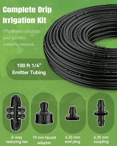 Pawfly 100 ft 1/4 Drip Irrigation Tubing, 1/4" Emitter Tubing with 6" Spacing, Polyethylene Drip Line with 12 Parts, Black Distribution Tubing for Drip Irrigation System, Drip Irrigation Hose Roll - size: 100 FT Kit with Emitters Drip Irrigation Tubing