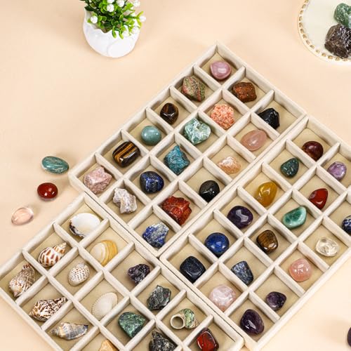 CLUQMEIK Acrylic Rock Collection Display Case with 54 Grids Storage Compartments Rock Collection Boxes Display Organizer Collection Storage Display Cases for Collectibles Crystal /Rock（Beige） - size: Beige