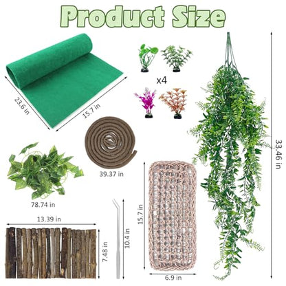 kathson Bearded Dragon Tank Accessories Kit, Reptile Hide Wooden Bridge Terrarium Liner Hammock Jungle Climber Vines Leaves Tweezer and Plant Reptile Habitat Decor for Chameleon Lizards Gecko Snakes