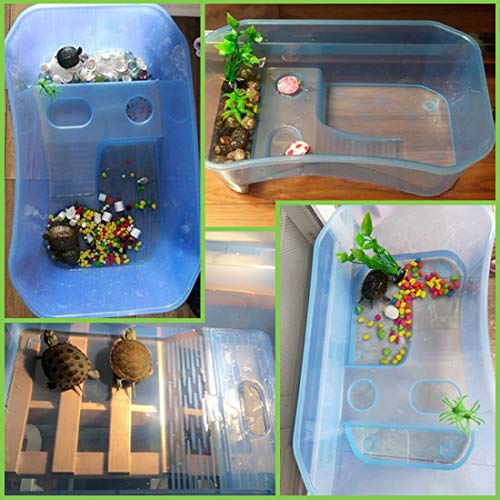 PINVNBY Plastic Turtle Tank Reptile Habitat Pet Terrariums Turtles Tank Aquarium Terrapin Topper Basking with Platform Plants,Durable,Safe, Non-Toxic(Blue) - color: Blue, size: 【1 PCS】