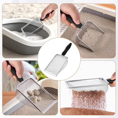 Stainless Steel Mesh Litter Shovel, Fine Mesh Metal Reptile Litter Cleaner Scooper, Black Non-Slip Handle Sifter for Lizard Substrate Reptile Terrarium Sand Waste