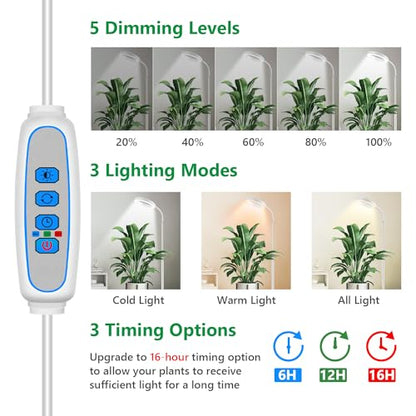 Aumtrly Floor Grow Light Full Spectrum with 68" Stand for Tall Indoor Plant | 80 LED Growing Lamp for Large Plants with 6/12/16H Timer, 5 Dimming, White Halo Design, Adjustable Height, Flexible Gooseneck - size: 1 head 68inch/white