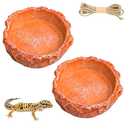 2-Pack Reptile Water Dish for Bearded Dragon Tortoise Gecko | Anti-tip shallow rock texture feeder. Non-porous hermit crab waterer, juvenile snake mealworm plate & terrarium accessories.