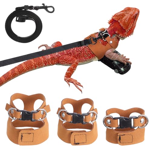 3 Pack Bearded Dragon Harness and Leash Set, Adjustable Nylon Bearded Dragon Accessories with 3 Sizes Vests, 6.56ft Lead for Reptile Training & Walking Accessories(Brown) - color: Brown