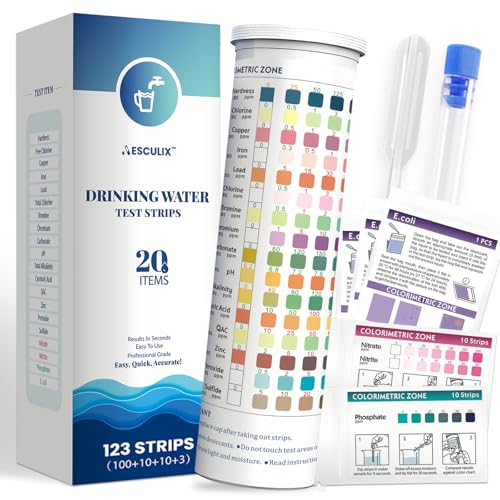 20 in 1 Water Tester for Drinking Water, Well Water Testing Kit, Suitable for Household Tap Water, Natural Water Quality Testing, Can Detect Water Hardness, Chlorine, Lead, Ph, Etc. (123 Test Strips)