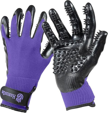 Pet Grooming Gloves - Cat, Dog, Horse Gentle Hair Remover Brush - Mitt For Long & Short Haired Fur - Shedding, Bathing & Massaging Glove (Purple, Small)