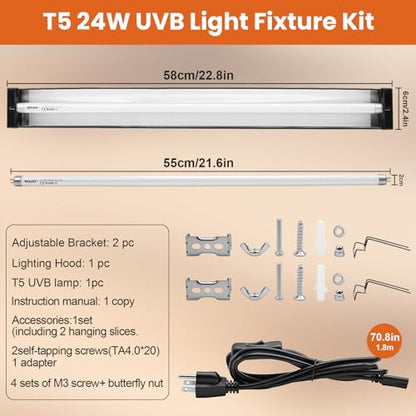 T5 HO UVB Reptile Light Fixture with 10.0 UVB Bulb, 24W High Output UVB Light for Reptiles, 22" T5 UVB Light Bar for Bearded Dragons, Tortoises, Iguanas, Desert Reptile UVB Lamp for Terrarium Lighting
