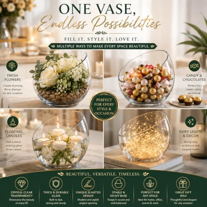 Slant Cut Bowl Glass, Glass Fish Bowl Vase, 6" Height x 7" Width Fruit Jar, Candy Dish, Clear Terraium, Flower Centerpiece - size: Slant Bubble Bowl : 6" Height x 7" Width