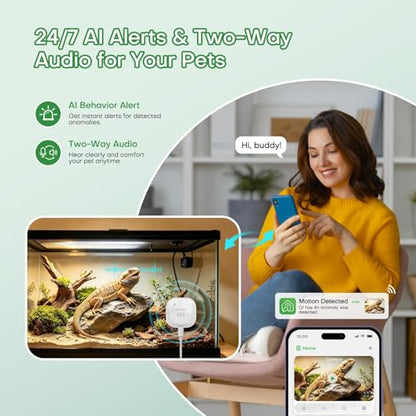 3MP Aquarium Reptile Camera Window Pet Security Camera | No drill magnetic mount for glass tank & window, color night vision, two-way audio, 2.4G 5G WiFi, 24/7 AI motion detection