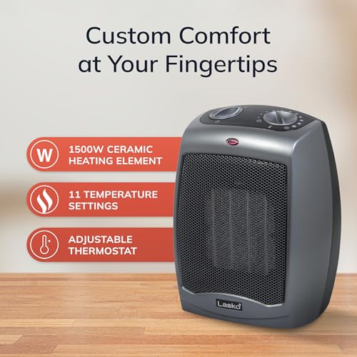 Lasko Portable Indoor Ceramic Space Heater - 9” - 754201 - Dark Gray | Electric, Tip-Over Safety Switch, Overheat Protection, Thermostat, 2 Heat Settings, 2 Speeds, Safe for Home, 1500W - size: 9.2 Inches - With Tip-Over Switch