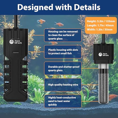 AquaMiracle Submersible Aquarium Heater with LED Digital Temp Display, Fish Tank Heater with Dry-Run & Over-Temp Protection, for Freshwater Saltwater Aquariums(50W/5-10Gal) - size: For 5-10 Gal Tank