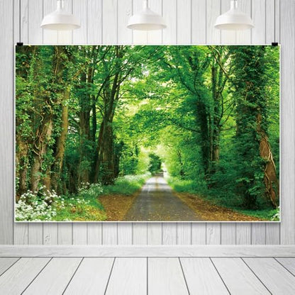 Forest Tree Backdrop 10x8 Nature Outdoor Party Decorations Banner | Nature Scenery Landascape Photography Background Green Tree Forest Road Backdrops for Photoshoot Spring Summer Photo Props