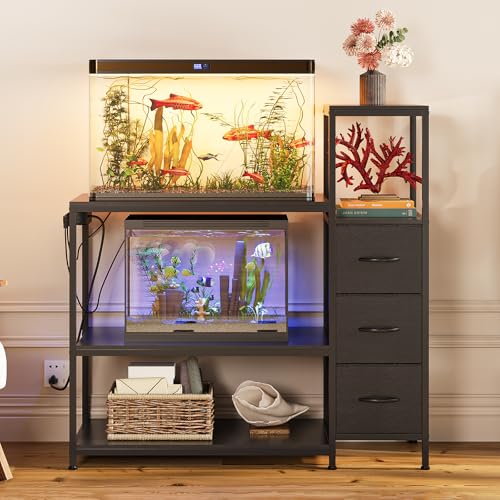20 Gallon Aquarium Stand with Drawers & Power Outlet, Black | Fits 20 Gallon Tanks; Reptile Tank Stand; 3-Tier Storage Shelves; Adjustable Height; Heavy-Duty Metal Frame - color: Black