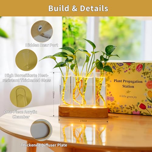 Plant Propagation Station with LED Grow Light, Wooden Stand & 4 Glass Tubes | For Hydroponic Plants, 3 Lighting Modes and 9 Brightness Levels; Desktop Plant Decor and Gift for Plant Lovers