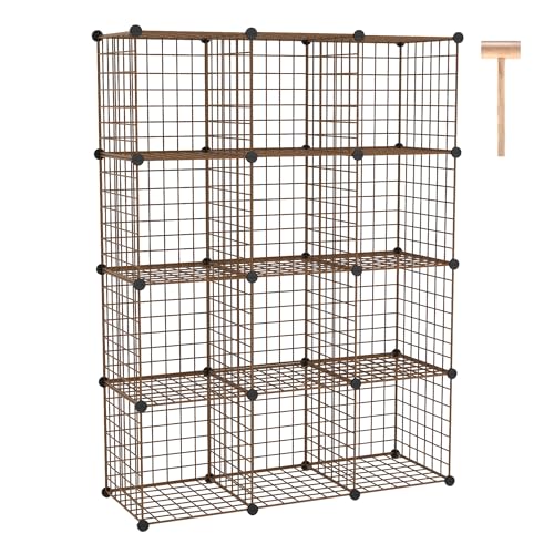 C&AHOME Wire Cube Storage, 12 - Cube Organizer Metal C Grids, Closet, Brown | Modular Shelves Units Storage Bins Shelving Bookshelf Shelf Cabinet - color: Brown
