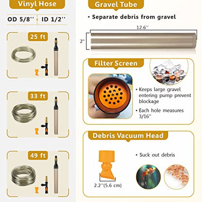 hygger Bucket-Free Aquarium Water Change Kit Metal Faucet Connector Fish Tank Vacuum Siphon Gravel Cleaner with Long Hose 25FT Drain & Fill - size: 25 Foot(Pack of 1)