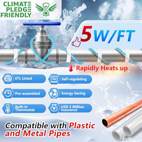 HEATIT 5W/ft Self-Regulating Pipe Heat Cable with Auto Thermostat 60Ft 120V | ETL certified for freeze protection and safe operation, built-in thermostat turns on at 37°F (3°C) , off at 50°F (10°C). - style: 60 ft