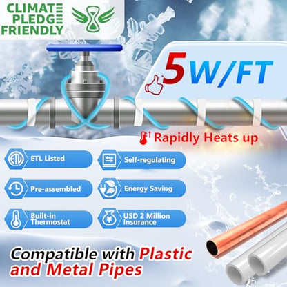 HEATIT 6Ft ETL Certified Self-Regulating Heat Cable for Water Pipes 120V | For residential and commercial use, built-in thermostat operates only when temperatures approach freezing. - style: 6 ft