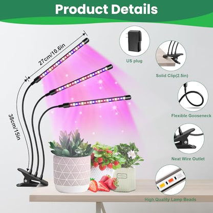 Plant Lights, 3 Heads Clip On Grow Lights for Indoor Plants | Full Spectrum, Timer 6/12/16Hrs, 3 Spectrums, 5 Dimmable Levels, Flexible Gooseneck - size: (1 Pack)3 Arms